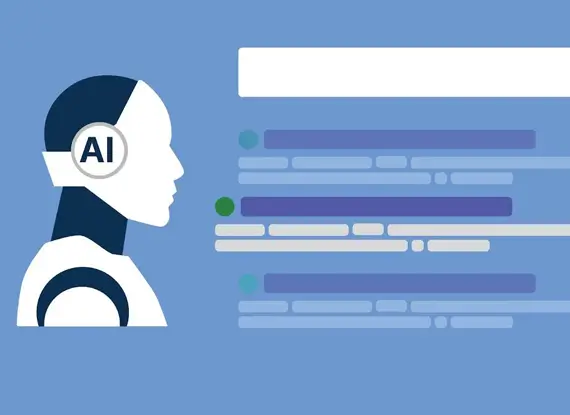 A conceptual graphic on a blue background illustrating generative engine optimisation. On the left, a white AI robot generates search results, represented by a search bar and coloured output rows on the right. This visual represents how GEO transforms traditional search into AI-driven answers.