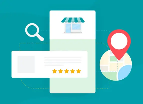 A digital illustration showing a law office building alongside a star review rating and a location map pin. These graphical elements represent the core components of a successful strategy in local SEO for law firms.